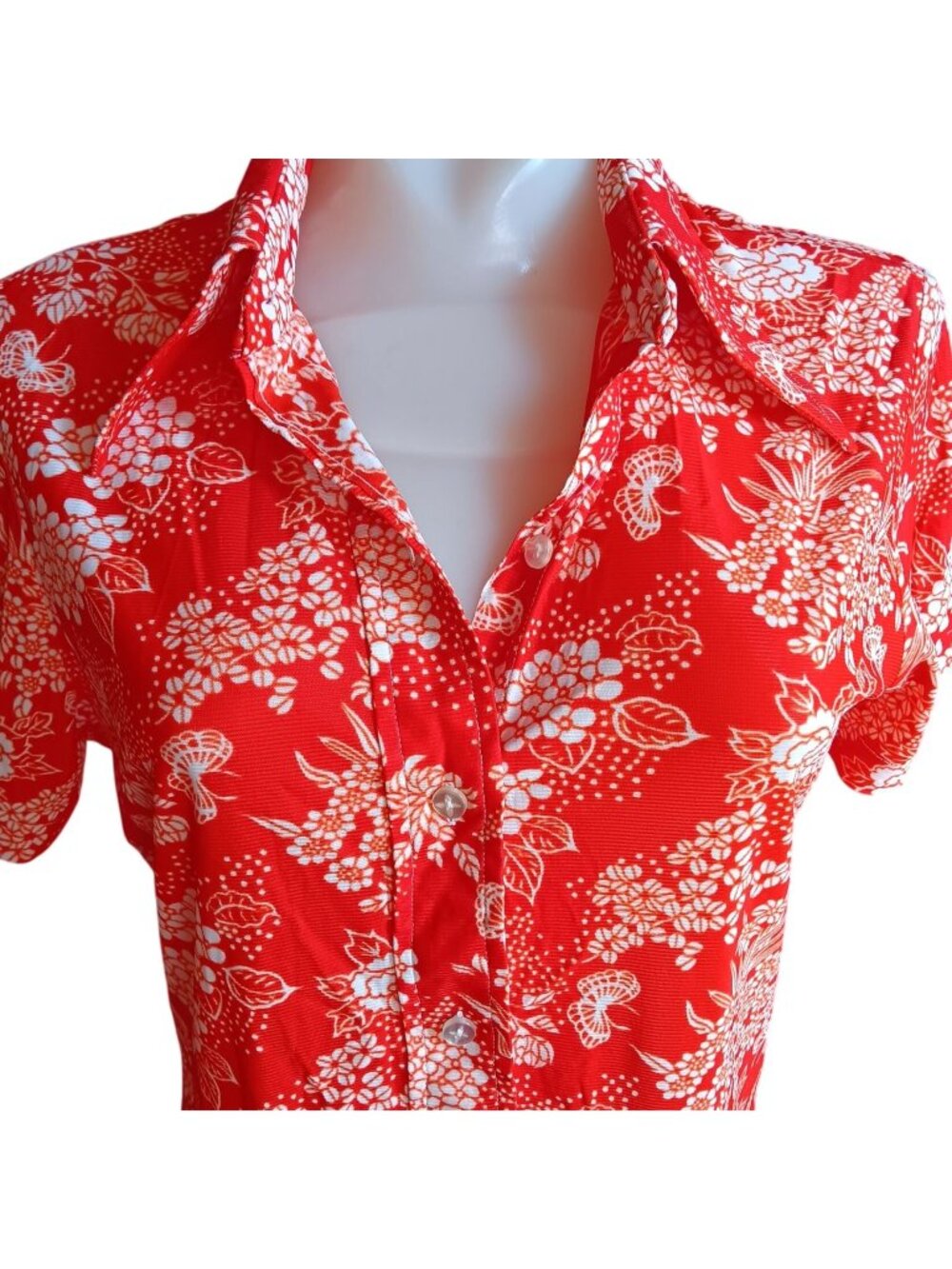 True Vintage Boho Top Medium Red White Floral Blouse 1970's Hovland Swanson USA